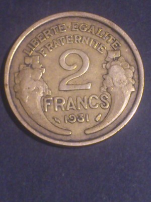 2 francs franci 1931, aUNC (AU55),RARA (T:1.717.000). Discount de 10 % pt achizitii cumulate in valoare de minimum 160 de lei. foto