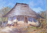 Elisa GHIOCULESCU (cca. 1890-?)-Ţărăncuţă l&acirc;ngă casă, pictură veche, Scene gen, Ulei, Impresionism