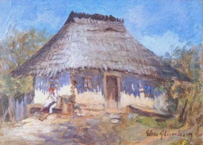 Elisa GHIOCULESCU (cca. 1890-?)-Ţărăncuţă l&amp;acirc;ngă casă, pictură veche foto