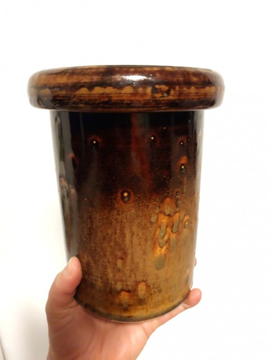 Vaza ceramica gresie / vas pentru tinut vinul pe masa - vintage, Glazurata Fat Lava, 18cm inaltime x 14cm diametru