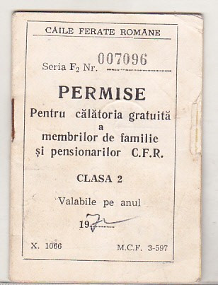 bnk div CFR - Permise pentru calatorie gratuita - cls 2 - 1972