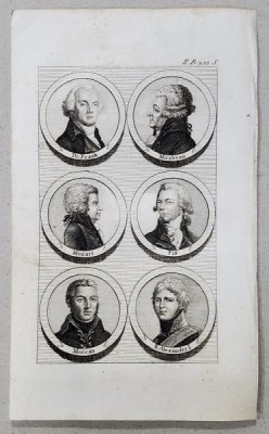 MOZART ..MIRABEAU ..MOREAU , GRAVURA CU SASE MEDALIOANE , SEC. XVIII foto