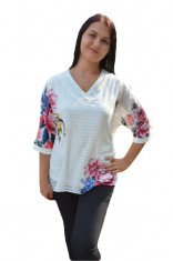 Bluza alba de ocazie cu imprimeu floral multicolor si dungi foto