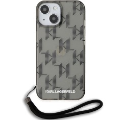 Husa pentru Apple iPhone 15, Karl Lagerfeld, IML Luxury Monogram KL Pattern with Strap, Neagra