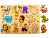 Puzzle din lemn cu animale salbatice, cu maner rosu, 11 piese, 30x22cm, Oem