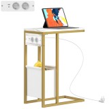 HOMCOM Masă auxiliară &icirc;n formă de C cu stație de &icirc;ncărcare, buzunar de depozitare din material textil cu aspect marmură, 46 x 25 x 62,5 cm, alb | Aoso