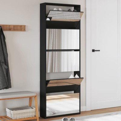 vidaXL Pantofar cu oglindă, 5 niveluri, negru, 63x17x169,5 cm foto