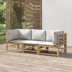 Set mobilier de gradina cu perne gri deschis, 3 piese, bambus foto