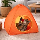 Cort Pliabil Pisici CMCLASS Portocaliu 45x45x48 cm cu Jucarie Suspendata si Plasa