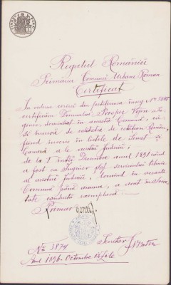 HST 249S Certificat cetățenie rom&amp;acirc;nă 1896 semnat primar oraș Roman foto