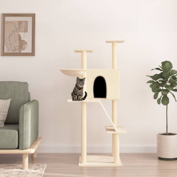 vidaXL Ansamblu de pisici cu st&acirc;lpi din funie de sisal, crem, 143 cm