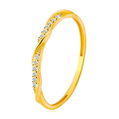 Inel din aur galben de 14K - linie de zirconii transparente &amp;icirc;ncrucișață cu o linie lucioasă și netedă - Marime inel: 56 foto