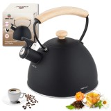 Fierbator traditional, ceainic cu fluier, capacitate 2 litri, maner din lemn, otel inoxidabil, negru, Kinghoff