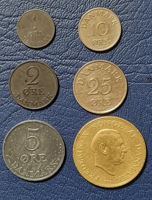 SV * Danemarca 1 - 2 - 5 - 25 ORE si 2 KRONER 1955 * Regele Frederik IX * AUNC foto