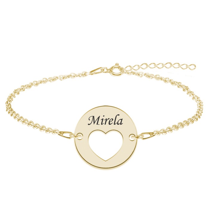 Heart - Bratara personalizata banut cu nume si inimioara din argint 925 placat cu aur galben 24K