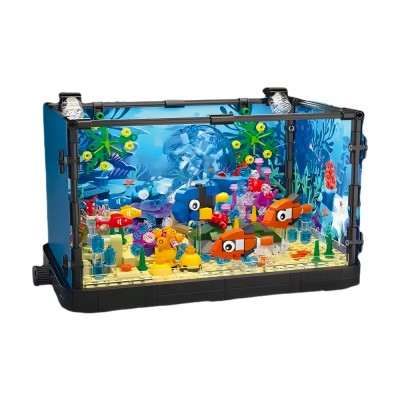 Set de constructii Acvariu cu pesti, HexaCraft, Lumini LED integrate, Fundal detasabil, Figurine dinamice, Material ABS non-toxic, Multicolor foto