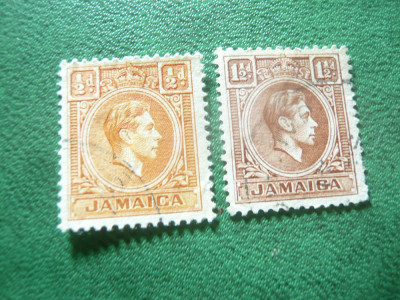 2 Timbre Jamaica 1938 colonie britanica R. George VI , stampilate : 1/2 si 1 1/2 foto