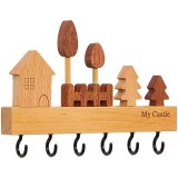 Suport pentru Chei, din Lemn, Aplicare fara Perforare, Adeziv Inclus, 6 Carlige Negre, Model Casuta, Greutate Suportata 5 kg, 14.5 x 2 x 22.5 cm, Maro