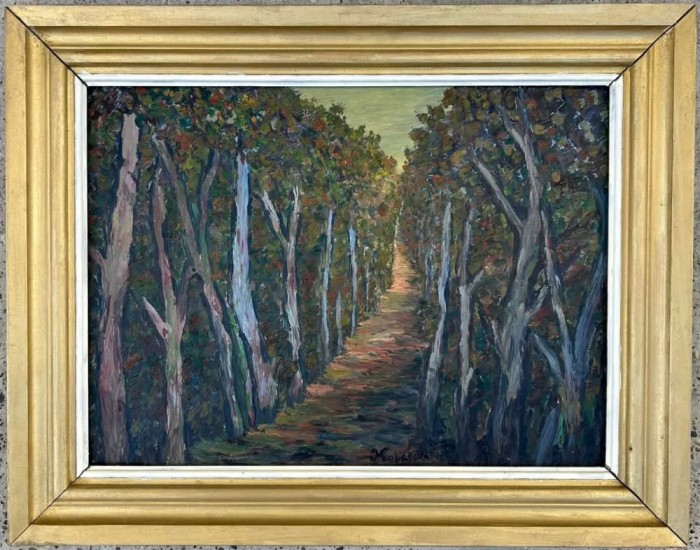 Mircea Popescu Tablou Peisaj Pădurea de aramă, pictura ulei inramata 46x59cm