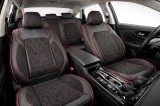 Set Huse Auto universale din piele ecologica si alcantara, Negru-Rosu pentru scaunele din fata si din spate