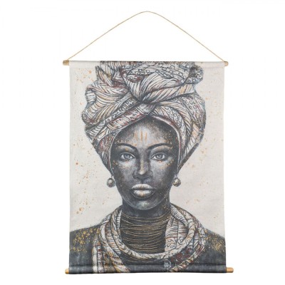 Tablou Textil Etnic, Femeie, Suporturi Lemn, 76x97 cm, Alb Negru foto