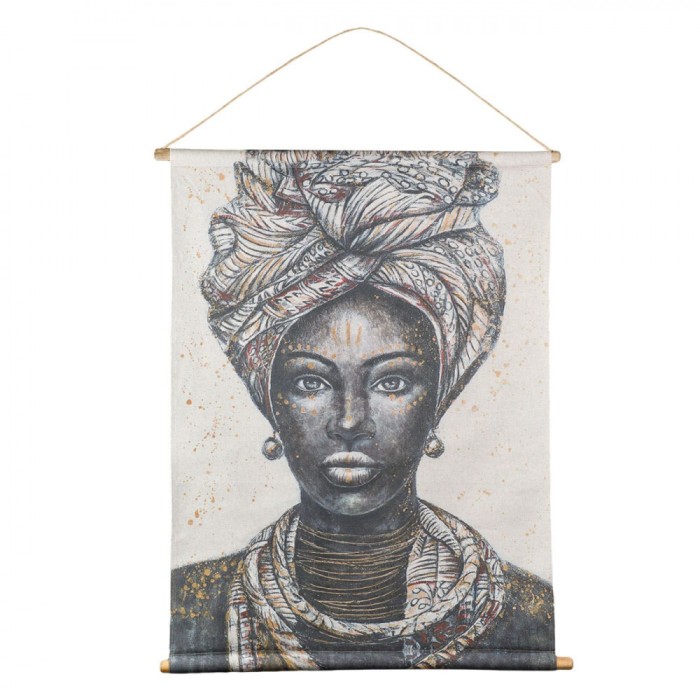 Tablou Textil Etnic, Femeie, Suporturi Lemn, 76x97 cm, Alb Negru