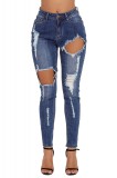 S697-444 Jeans cu talie inlta si rupturi decorative