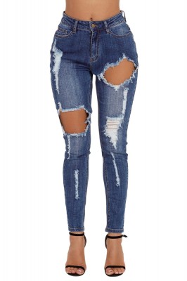S697-444 Jeans cu talie inlta si rupturi decorative foto