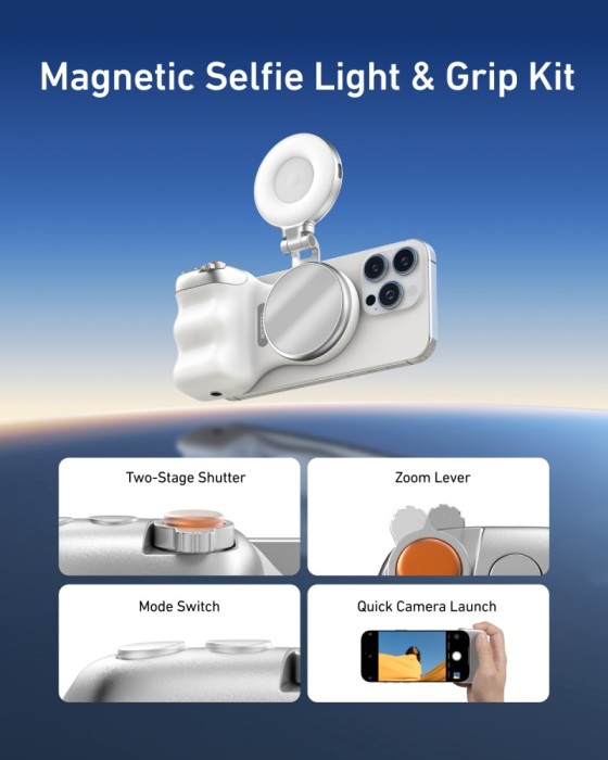 Set filmare profesionala cu telefonul, Telesin, FunShot MagGrip si Lumina Magnetica Fill Light, iPhine 16,15,14,13,12, Samsung S25, Google Pixel, Hono