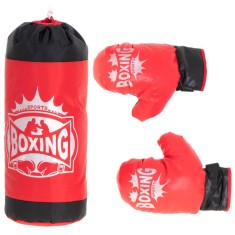 Set sac de box pentru copii 53x45 cm, cu manusi incluse, pentru antrenament acasa, rosu-negru Household NewTrend