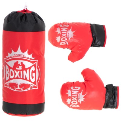 Set sac de box pentru copii 53x45 cm, cu manusi incluse, pentru antrenament acasa, rosu-negru foto