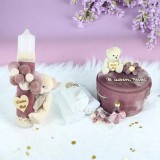 Set Trusou Botez si Lumanare, 9 Piese, cu Ursulet, Burgundy, din Catifea - TB241