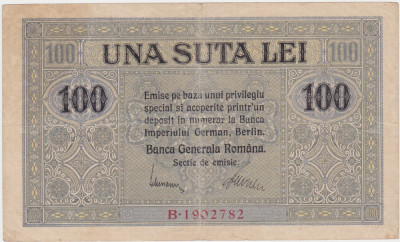 ROMANIA 100 LEI BGR 1917 aVF stampila PERCEPTOR JUD DOLJIU foto