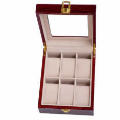 Cutie caseta din lemn pentru depozitare si organizare 6 ceasuri, model Pufo Premium, visiniu foto