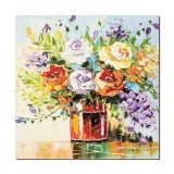 Tablou pictat manual hol, living, dormitor, Vaza cu trandafiri, stilizat, 50x50cm ulei pe panza in cutit efect 3D