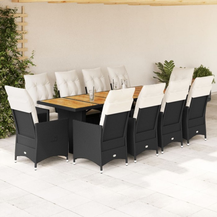 Set bistro de grădină, 11 piese, cu perne, negru, poliratan