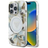 Husa pentru iPhone 16 Pro Max - Guess IML Metal Glitter Flowers Triangle MagSafe (GUHMP16XHFLPEDH) - White