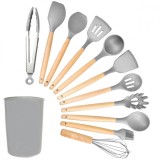 Set ustensile de bucatarie Aptel, 12 piese, gri, material: lemn si silicon TPE, dimensiuni recipient: 14x10cm
