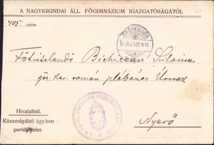 HST A709 Corespondență 1918 preot Silviu Bichicean Nerău Timiș Banat