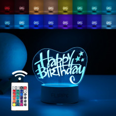 Lampa LED decorativa, Flippy, 3D, Happy Birthday, cu USB si baterii, 20 cm inaltime, din material acril, lumina multicolora si telecomanda inclusa, al