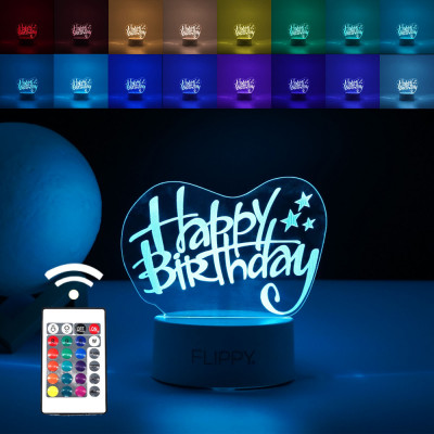 Lampa LED decorativa, Flippy, 3D, Happy Birthday, cu USB si baterii, 20 cm inaltime, din material acril, lumina multicolora si telecomanda inclusa, al foto