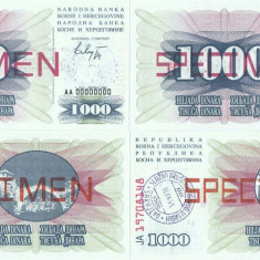 2x 1992 ( 1 VII ) , 1.000 dinara ( P-15s ) - Bosnia și Herțegovina - stare UNC