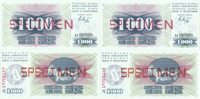 2x 1992 ( 1 VII ) , 1.000 dinara ( P-15s ) - Bosnia și Herțegovina - stare UNC foto