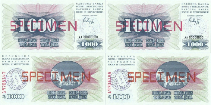 2x 1992 ( 1 VII ) , 1.000 dinara ( P-15s ) - Bosnia și Herțegovina - stare UNC