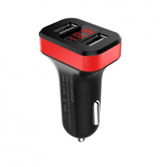 Incarcator dublu auto, 2 x 2.1 A USB, indica voltaj, led rosu, negru - rosu, tip II foto