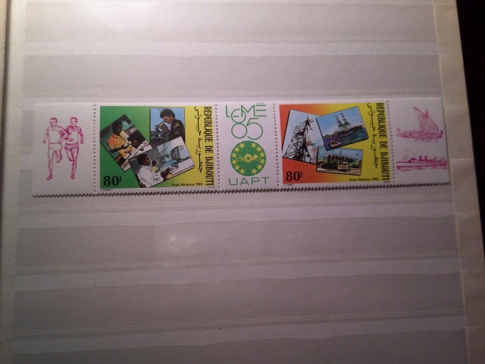 Serie Djibouti 1985 - Expozitie Filatelica Lexafrique III - straif cu 2 val. si 3 vignete