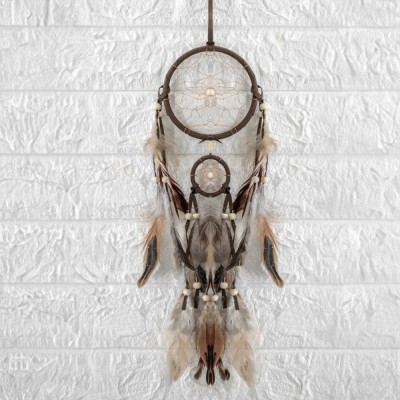 Dreamcatcher Etnic, Maro, Pene Bicolore, Mărgele Lemn Ecru, 11x40cm foto