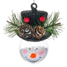 Ornament Brad Crăciun, Model Om de Zăpadă, Glob Transparent, Pălărie Neagră, 8cm