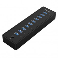 Adaptor HUB 10-in-1 Orico P10, USB - 10x USB 3.0, LED, Cablu USB 1m inclus, Negru foto