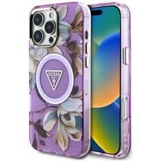 Husa iPhone 16 Pro originala Guess IML Metal Glitter Flowers Triangle MagSafe, mov, GUHMP16LHFLPEDU foto